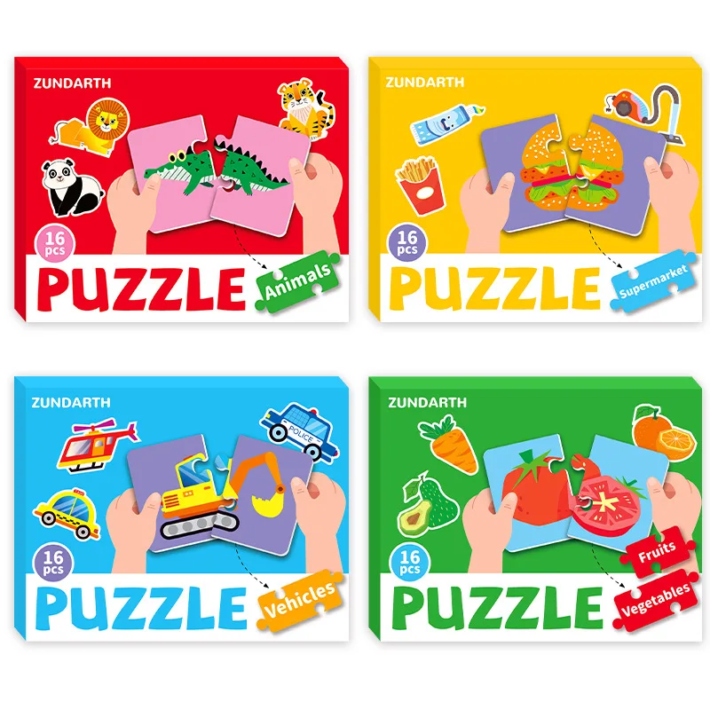 Toddler Jigsaw Puzzle 16pcs/box Early Learning Educational Montessori Matching Puzzle Animals/Vehicles/Fruits/Supermarket