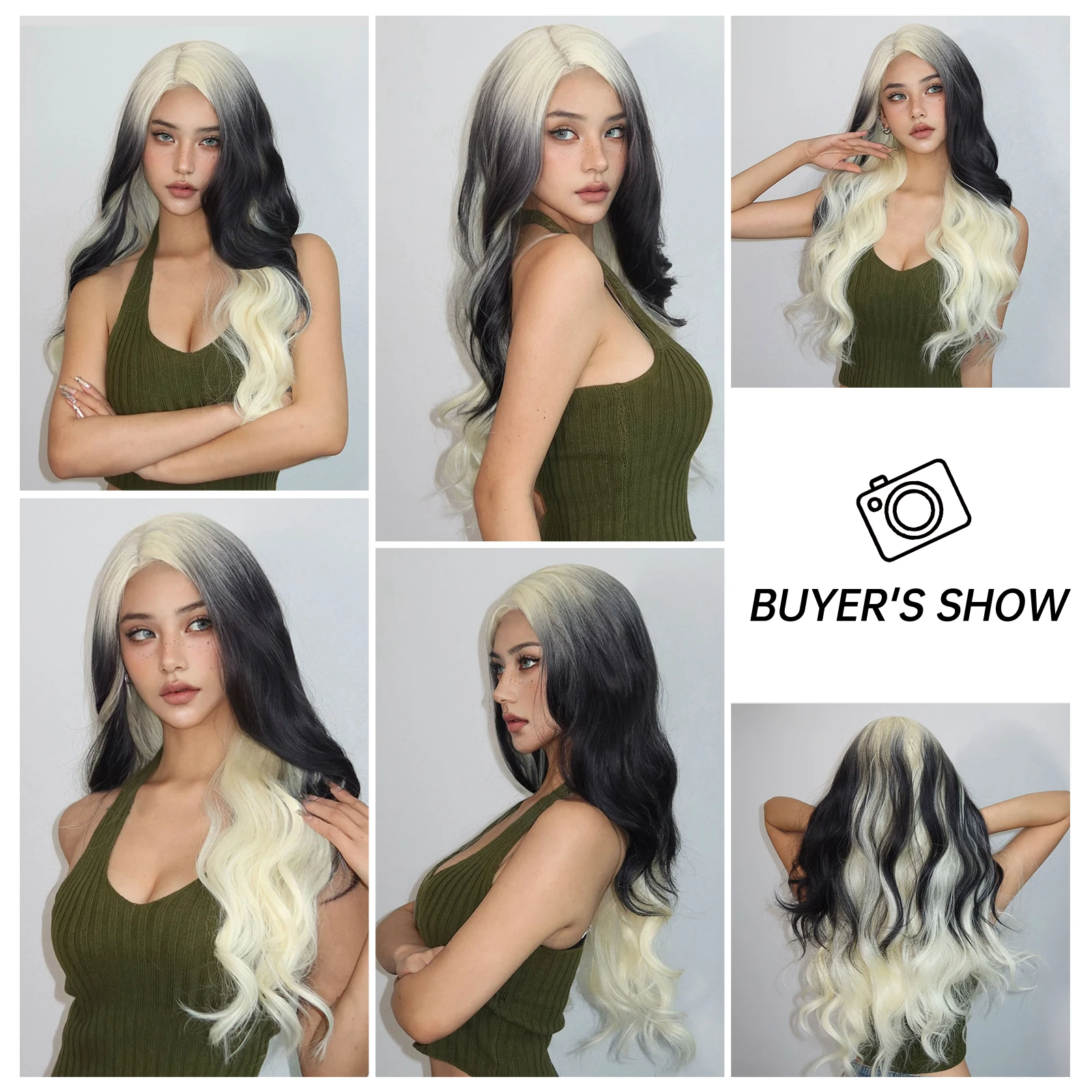 HAIRToxic-Perruque synthétique longue en fibre pour femme, perruque Lace Front Wig, cheveux ondulés naturels, blanc, noir ombré, fibre de degré de chaleur 03/Cosplay