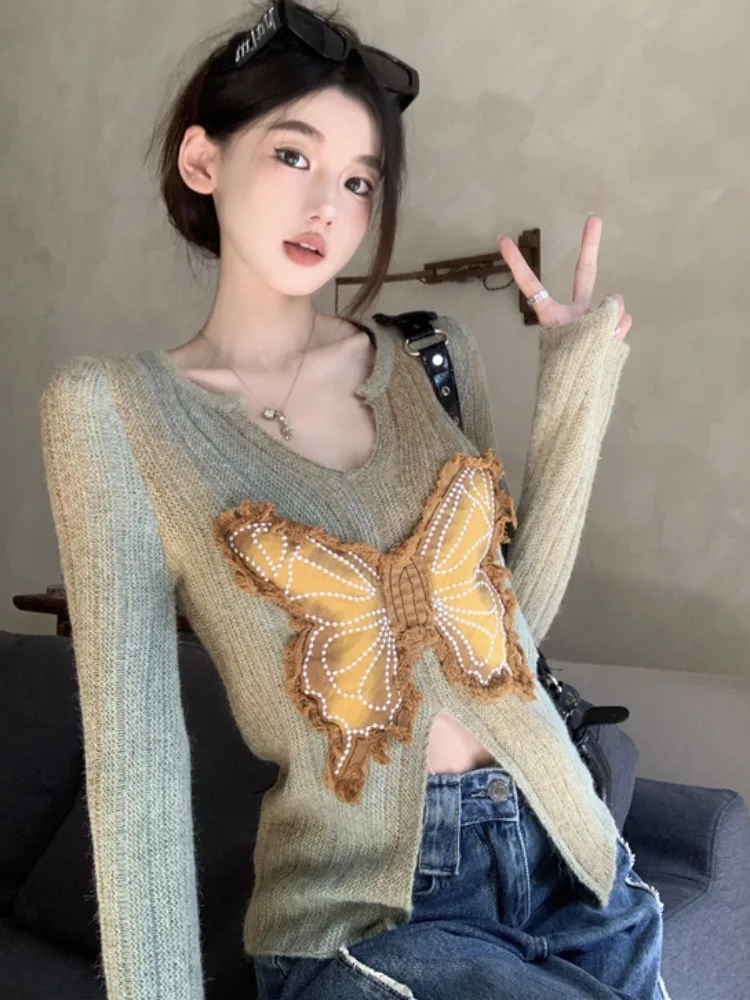 

Sweet And Spicy Patchwork Knitted Base Shirt Design Sense Asymmetrical Slit Long Sleeve Sweater Inner Wear Autumn W...