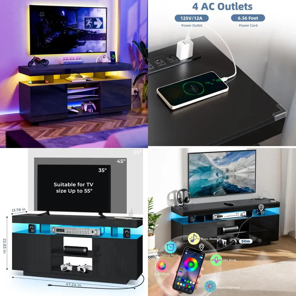 Modern LED TV Stand for 55-32 Inch TVs with Power Outlets, Storage, and Entertainment Center for Gaming Consoles