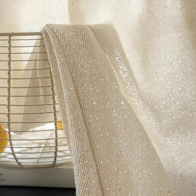French Simple Cream Platinum Sequins Heavy Linen Wool Woven Tulle Curtains for Living Room Bedroom Balcony Drift Window