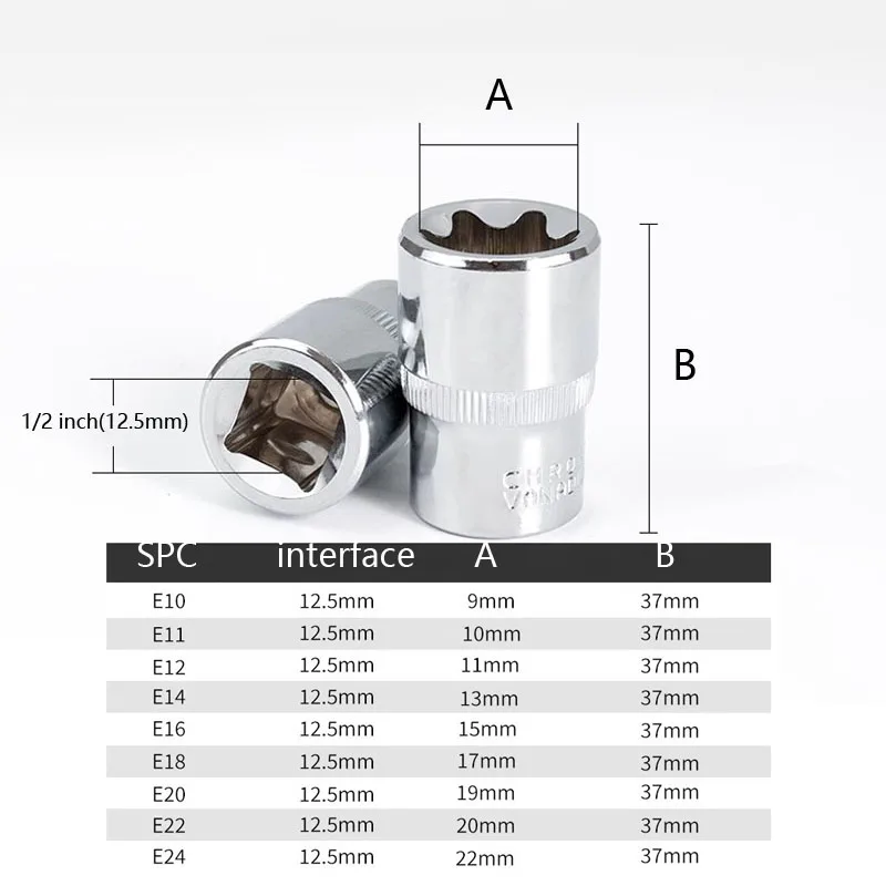 1/2 Inch E Type Star Sockets CR-V Alloy Rustproof  Torx Star Socket Set Bit Adapter Auto Repair Tool E10-E24 Ratchet Wrench Head