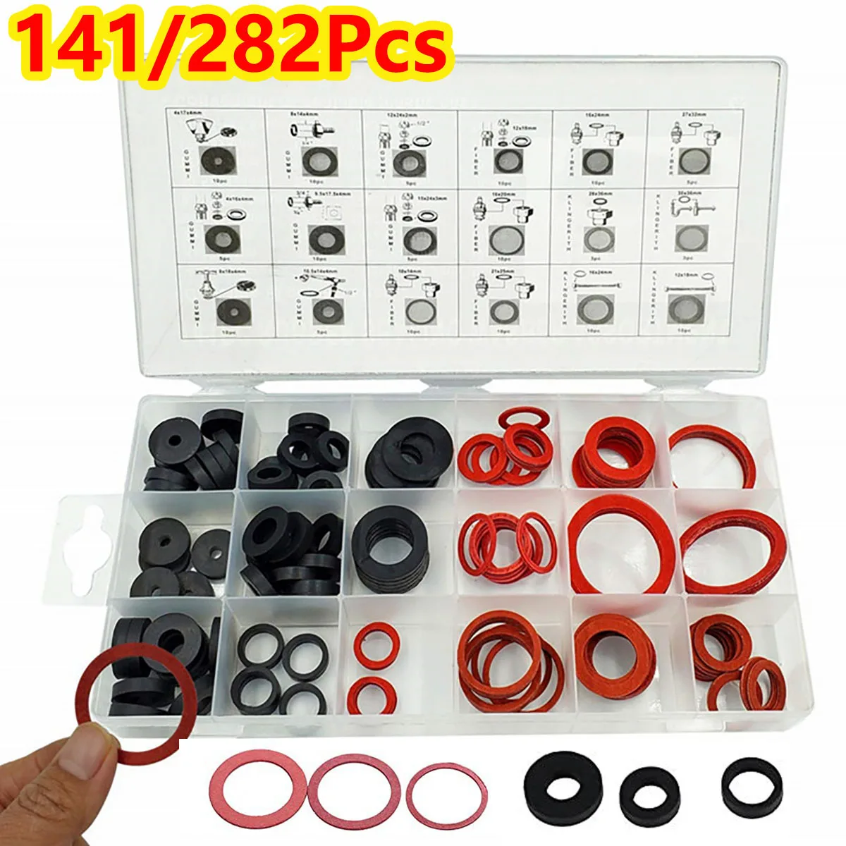 141/282Pcs O-Rings Sealing Rings Gaskets Plumbing Gaskets Sealing Flat Washers Rubber Rings Red Steel Paper Set For Automotive
