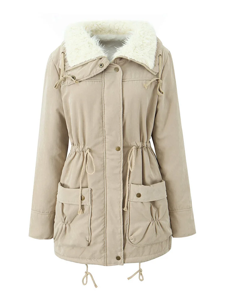 Neue Damen Winterjacke mit Baumwollfüllung 2026 Damen Mittellange Warme Lammfell-Steppjacke Übergrößen Damenparka Oberbekleidung – Detail 7