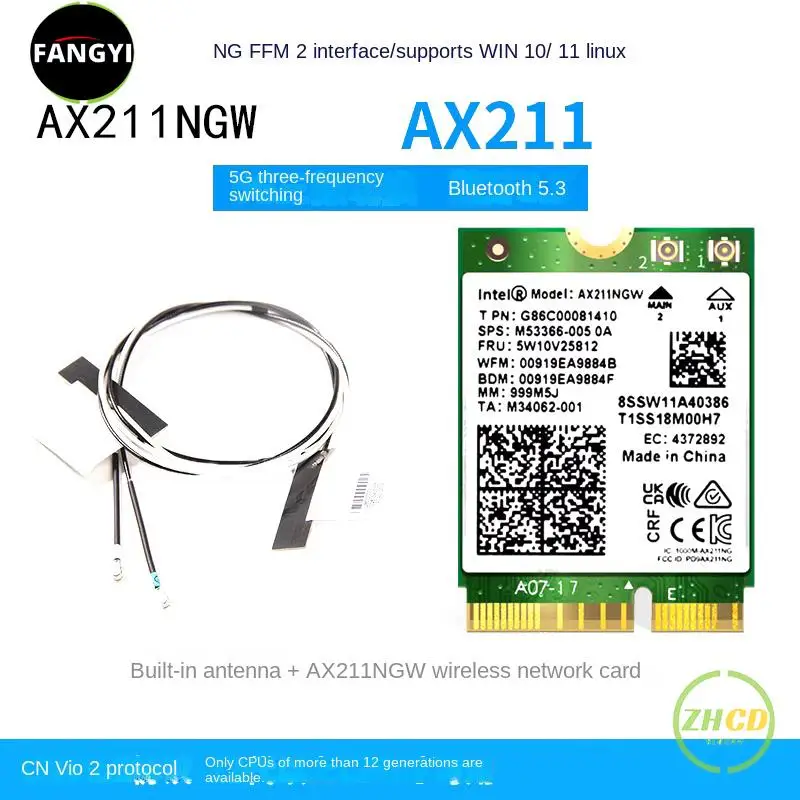 AX211NGW Tri Band 2.4G/5G/6Ghz Wireless Network Wifi Card Adapter WiFi 6E For BT 5.3 Intel AX211 M.2 Key E CNVio2 2400Mbps win10