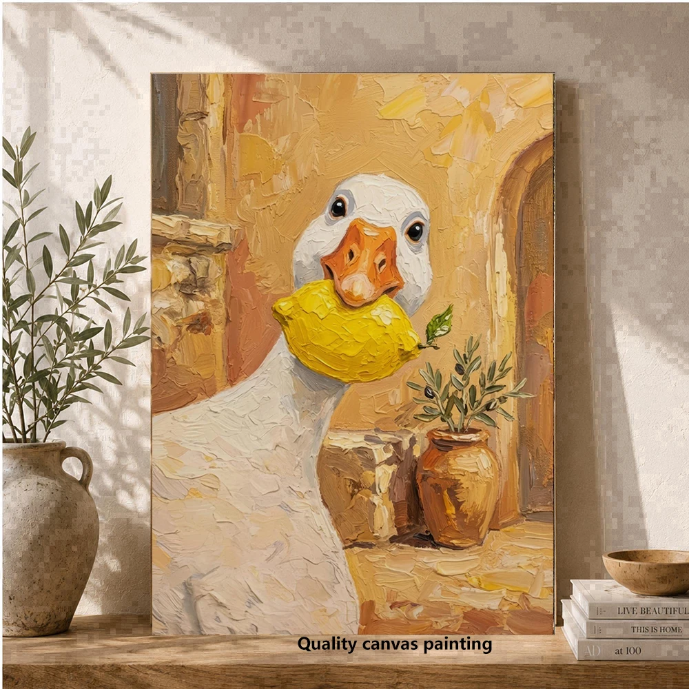 Silly Goose with Lemon Art Print, Rustic Mediterranean Wall Decor, Farmhouse Animal Painting Tuscan Cottagecore Poster Funny Kit