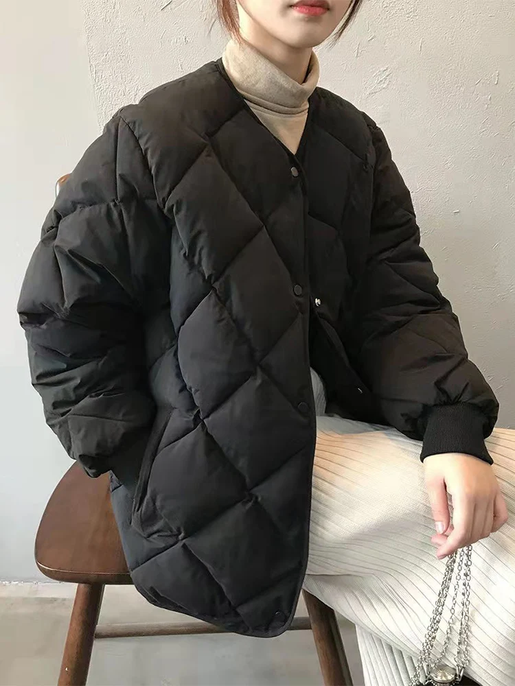 Single Breasted Cotton Jackets Women Korean V-Neck Long Sleeve Parkas Coats Woman Winter 2025 Thickened Warm Outwear Female