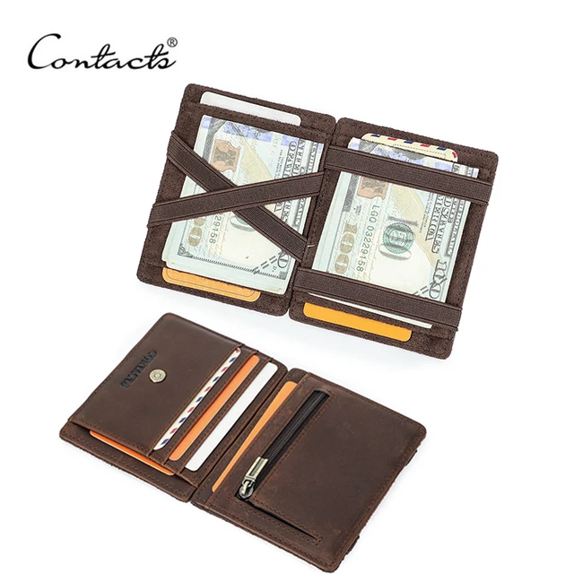 CONTACT'S Oryginalne skórzane etui na karty Magic Wallet Slim Bifold RFID Męskie małe portfele Kieszonka na monety Mini portmonetka Klips na pieniądze