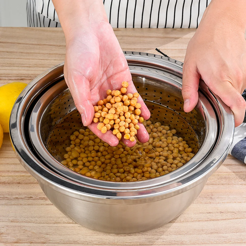 

3Pcs Stainless Steel Drain Bowl Set Deform Resistant Kitchen Fruits Vegetables Drainer Sink Dish Tub Sink Basin