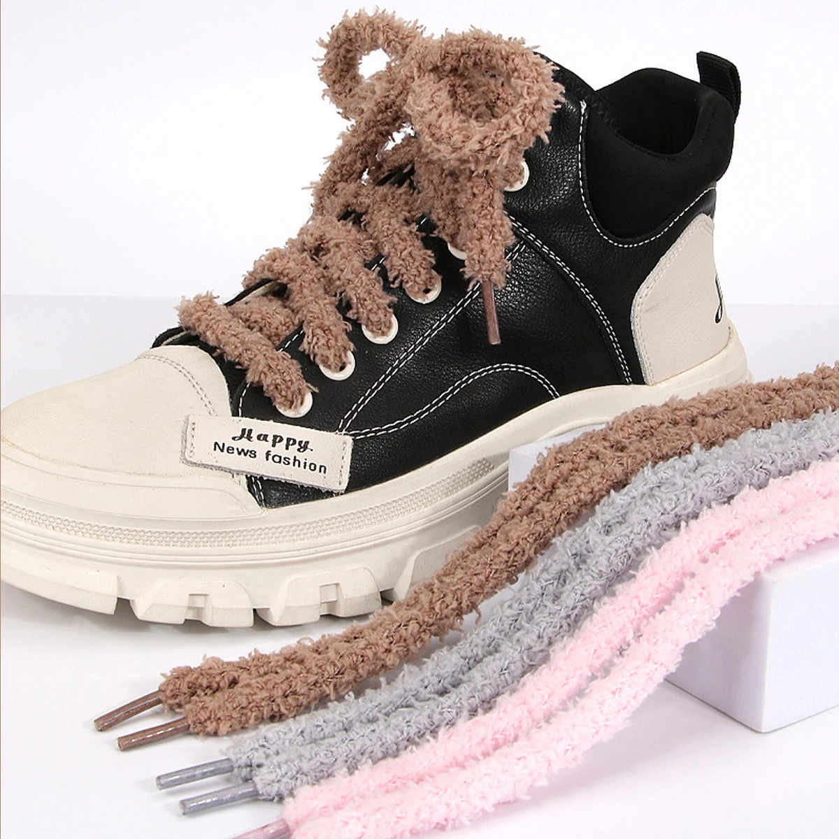 ‌1 Pair Winter Fluffy Shoelaces - Thick Round Fur Laces for Snow Boots (Solid Color Warm Lace Strings) image 3