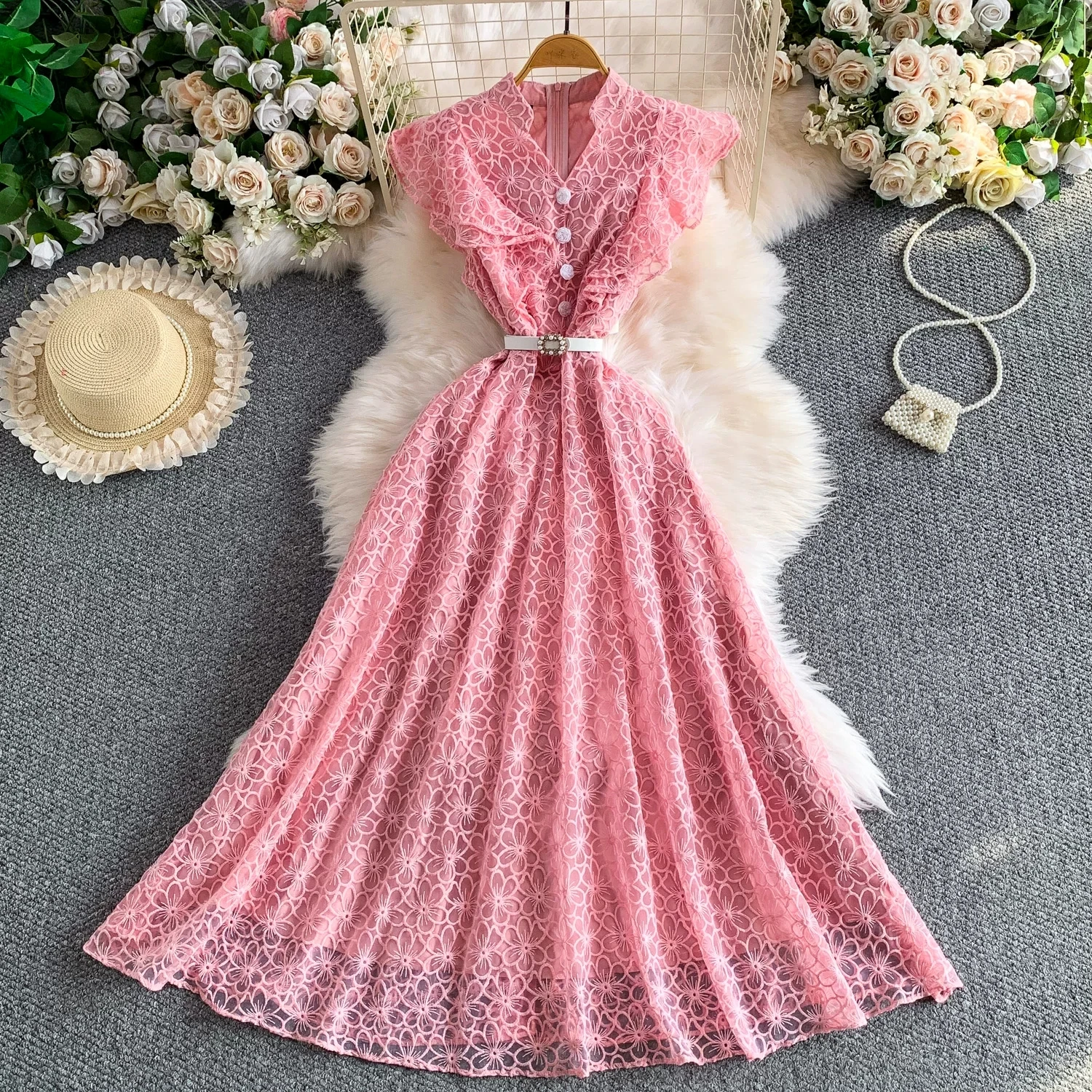 

Vintage French Hollow Floral Lace Long Dress Ladies Fly Sleeve Front Buttons Belt High Waist Flowy A-line Maxi Gown Beach
