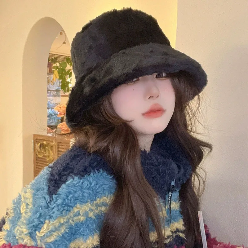 한국 패션 플러시 플러피 버킷 햇 여성용 겨울 두꺼운 인조 모피 따뜻한 어부 모자 여성용 스트리트 야외 따뜻한 파나마 모자