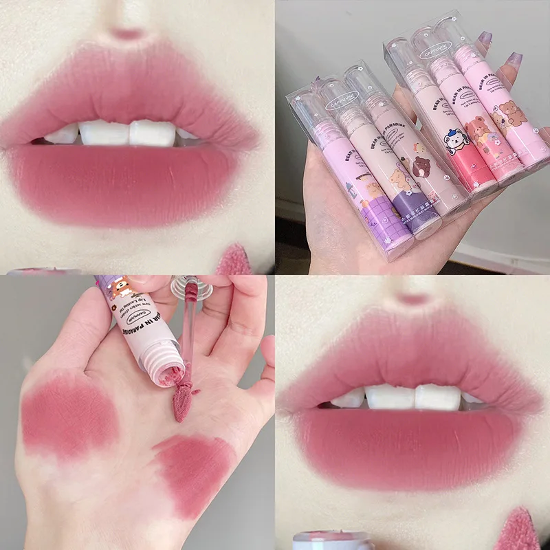 Cute Korean Lipsticks Matte Liquid Lipstick Cute Strawberry Color Waterproof Velvet Nude Red Lip Mud Cheek Rouge Tint Cosmetics