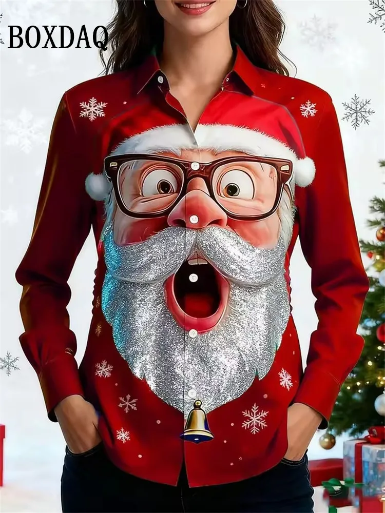 เสื้อผู้หญิงลายการ์ตูนซานตาคลอสสุดน่ารัก สไตล์หรูหรา แฟชั่นแขนยาว เสื้อเบลาส์ลำลองสำหรับฤดูใบไม้ร่วงและฤดูหนาว เหมาะสำหรับใส่ในชีวิตประจำวันและวันหยุด