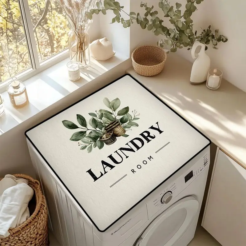 VIKAMA Beige Laundry Room Plant Washing Machine Top Mat Eucalyptus Leaf Basket Text Black Border Absorbent Dustproof Laundry
