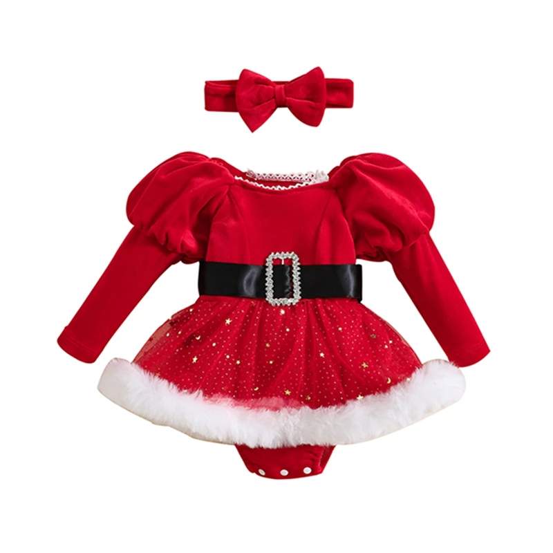 RUIBBWAN Infant Baby Girls Christmas Romper Dress Velvet Ruffle Long Sleeve Patchwork Sequin Star Tutu Jumpsuit with Bow