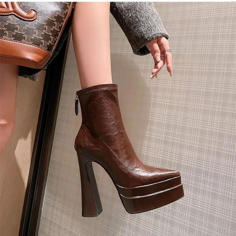 

Super High Heel Women Autumn and Winter New Pointed Toe Block Heel Platform Fashion Boots Platform Woman High Booties