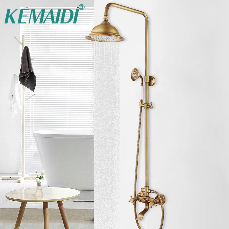 KEMAIDI Antique Brass Shower System Rainfall Shower Head with Tub Spout and Handheld Spray Double Cross Handle Faucet Mixer