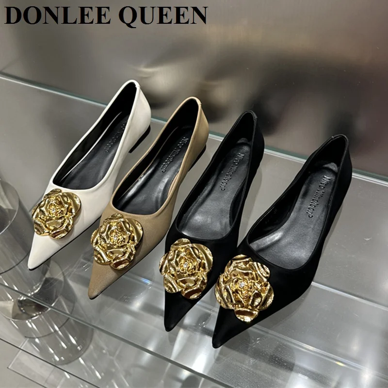 Luxury Gold Metal Buckle Decoration 2023 Autumn Footwear Women Flats Shoes Ladies Ballerinas Flat Pointed Toe Loafer Dress Mujer