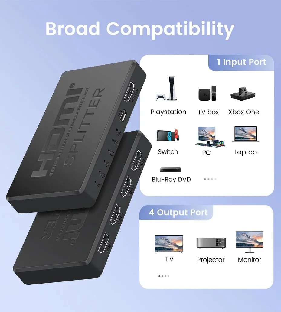 4K 2K HDMI-compatible Splitter 1 in 4 Out /1 in 2 Out HD Video Distributor HDCP1.2 Adapter for  PS4 DVD PC Laptop HDTV Monitor