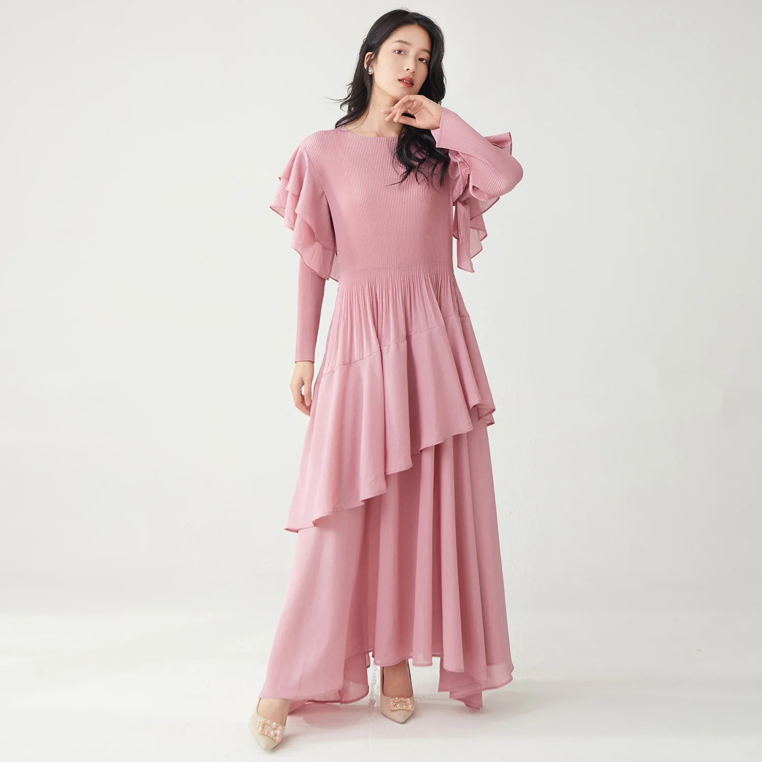 

miyake Pleated Long Dress 2025 Spring/Summer Design Sense Crew-neck Long Sleeve Pleated Dresses Temperament Female Clothing