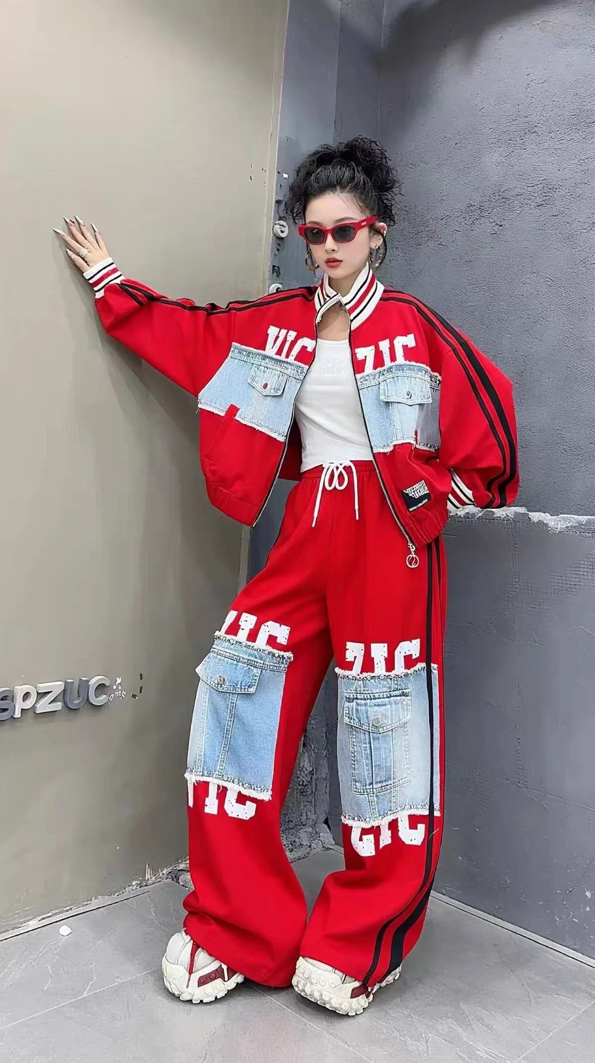 European and American trendy casual suit for women 2026 new denim splicing embroidery letter printing two-piece set