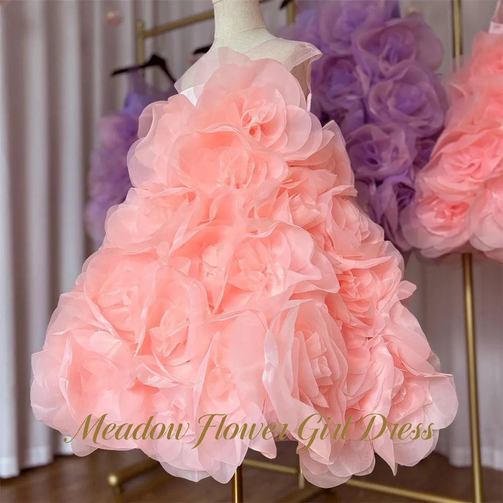 Meadow Coral Wedding Gown for Girls 3-13 Years Old Flowers Children Birthday Wedding Dresses Sleeveless Tutu Fluffy Prom Dress