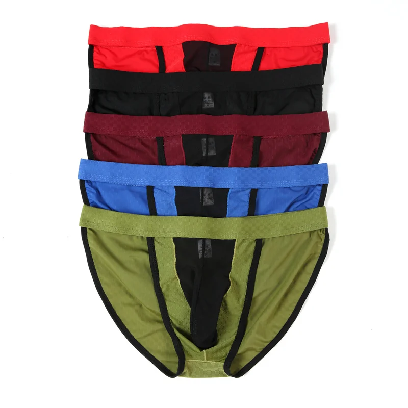 

5PCS Men's Underwear Sexy Plaid Nylon Cool Silk Slip Mesh Transparent Bag Briefs Low Waist Breathable Underpants