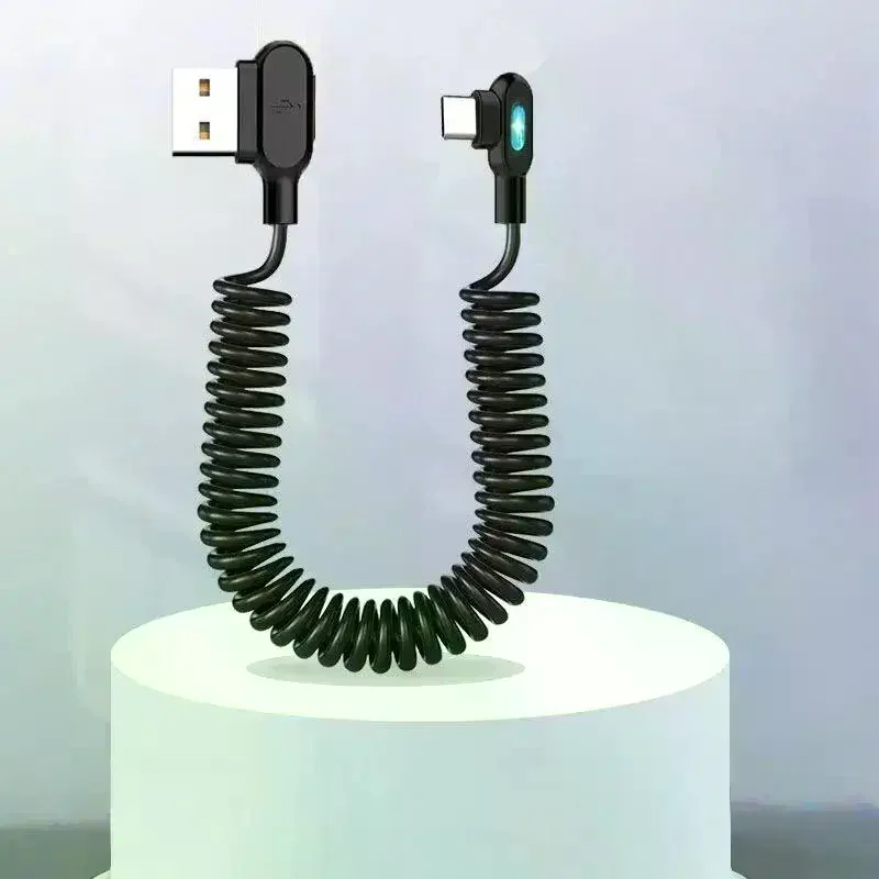 1Pcs 90° Elbow Car USB C To Type C Fast Charging Cable 6A Short Spring Data Cable For Phone Xiaomi Charger Wire Cord