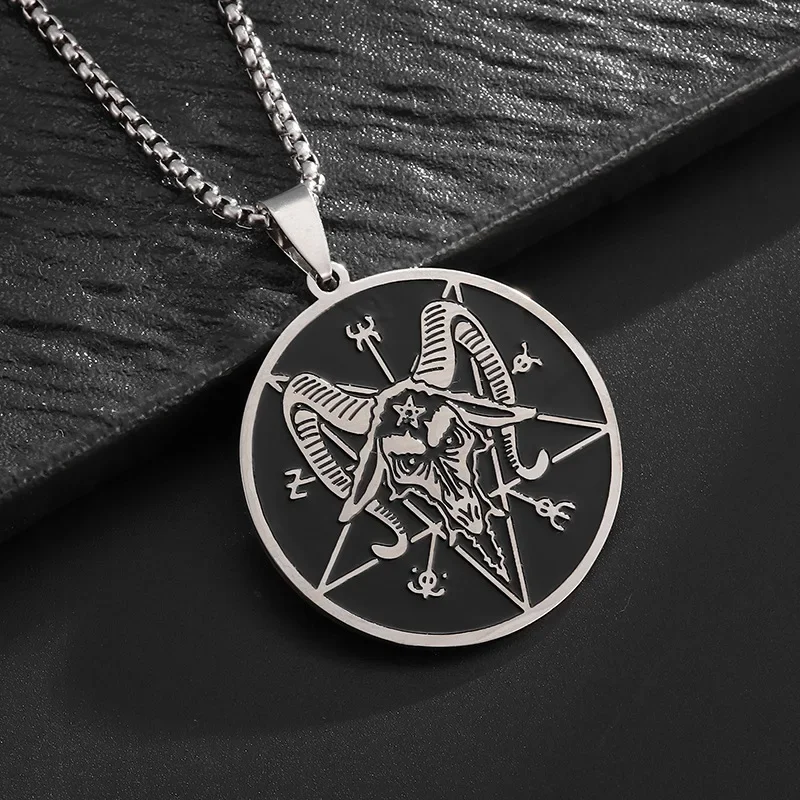 Lucifer Inverted Pentagram Devil Satan Goat Pendant Necklace for Men Women Stainless Steel Round Medal Amulet Jewelry Gifts