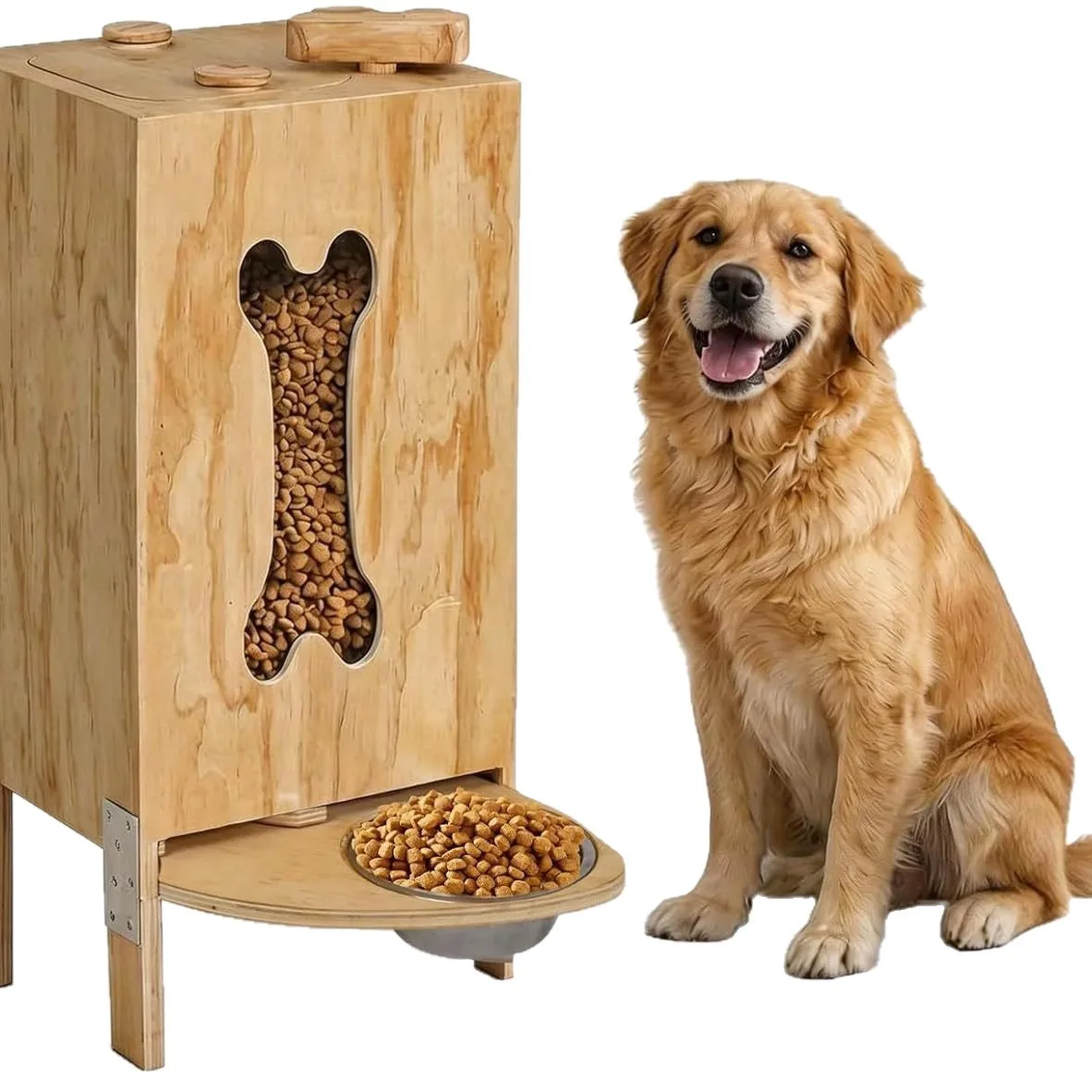 Comedero para perros de madera maciza con hueso y tapa hermética - imagen 4