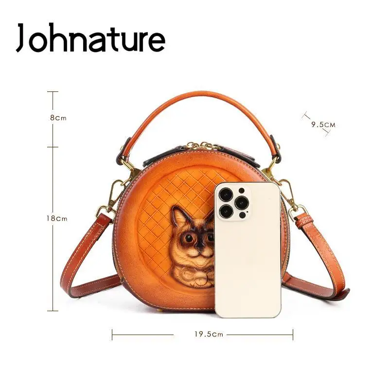 Johnature 2024 New Retro Genuine Leather Women Bag Hand Made Animal Pattern Embossing Handbag Real Cowhide Shoulder Bags