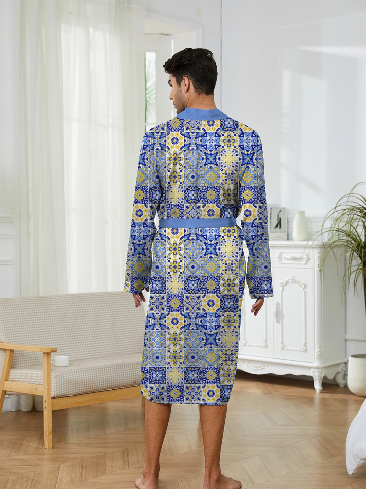 Men's Sleeping Robes with Digital Printed Checkered Pattern, Home Thin Design, Fashionable Casual Dressing Gown, Quick Drying