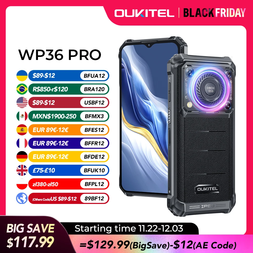 [Estreno mondiale] Oukitel WP36 PRO Smartphone robusto Android Altoparlante da 126 dB Batteria da 10600 mAh Fino a 24 GB + 256 GB Schermo HD + da 6,52 pollici