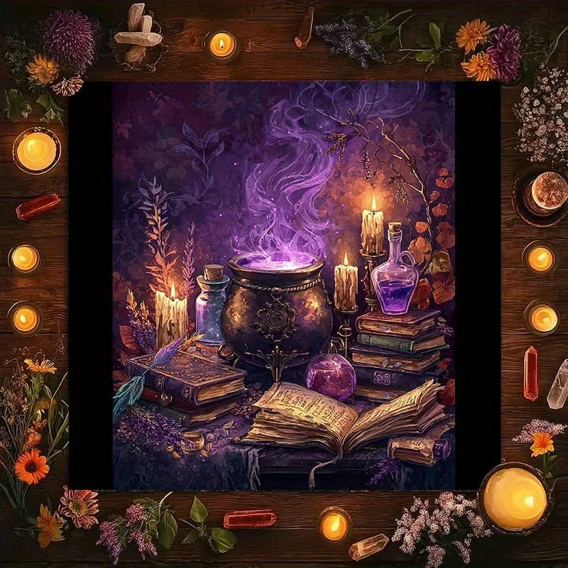 Witchcraft Cauldron Spellbook Altar Cloth Mystic Candle Dark Magic Boho Table Runner Tarot Divination Decor