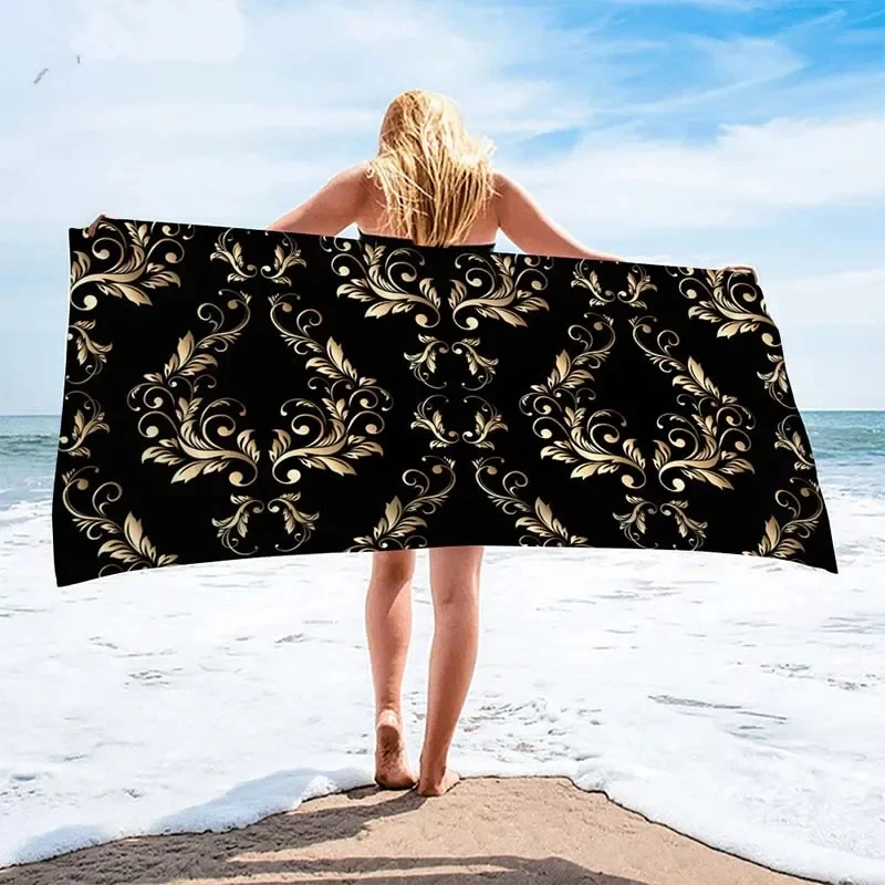 Luxury Black Gold Greek Key Bath Towel Microfiber Absorbent Quick-Dry Beach Towel Large Towel 70x140cm 100x200cm for Women Men