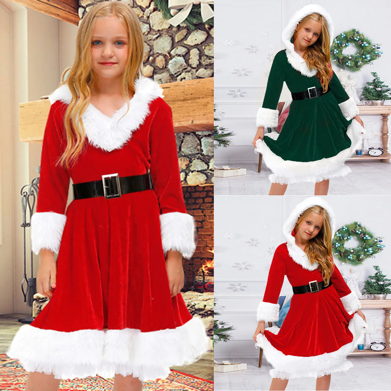 Christmas Children Clothes Girl Dress Cosplay Red Santa Claus Thicken Swing Hoodie Dress Costume Child Festivals Party Dresses