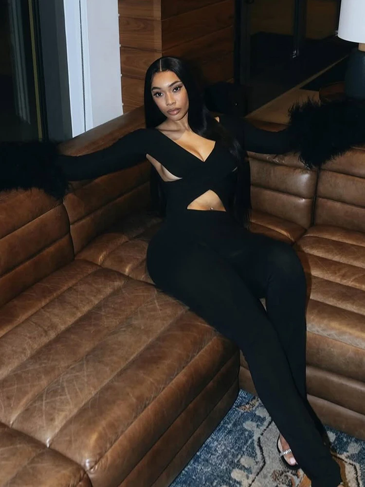 

SiSterlinda Women Jumpsuit Cross Hollow Sexy Fit Fur Patchwork Full Sleeve Workout Activity Streetwear Stretch Tight Overalls