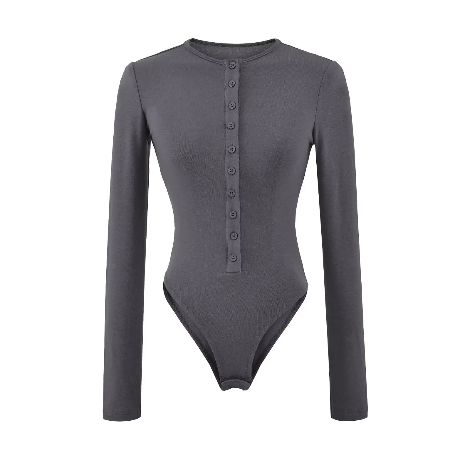 Baju bodysuit seksi Amerika model kancing depan, ketat, bahan dasar katun, untuk wanita, awal musim gugur, kerah Henry, lengan panjang, atasan.