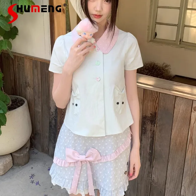 

Lovely Doll Collar Adorable Polka Dot Shirt Unique Top Contrast Color Lace Mini Skirt Fashion Y2k Sweet Cute Blouse Outfit Women