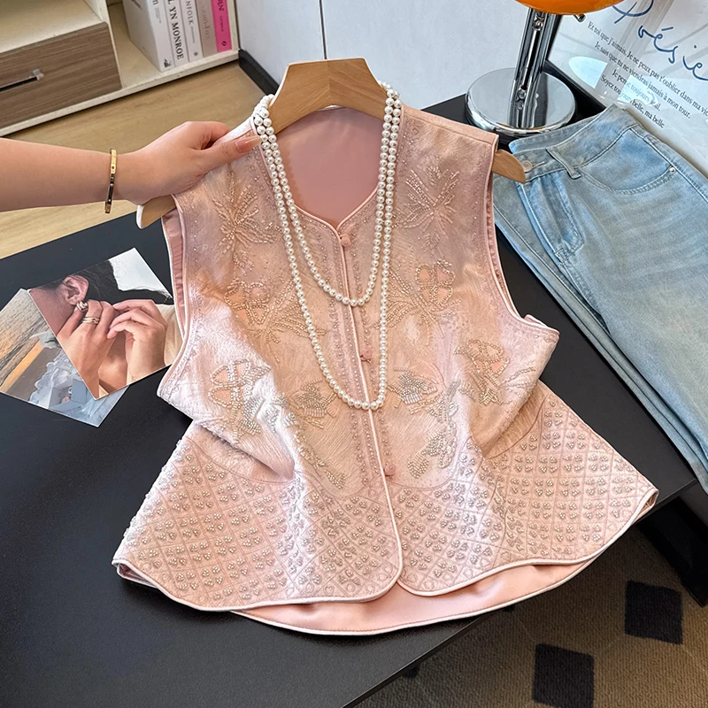 

Retro Chinese Style Embroidered Shiny Sequin Jacket Small round Neck Heavy Work 3D Relief Improved Version Top Women's Fashion
