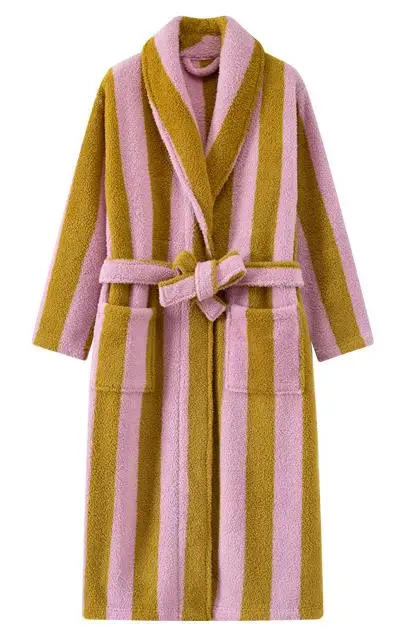 

Thickened Flannel Robe Pants Pajamas Set Couple Coral Velvet Bathrobe Striped Lengthed Home Clothes New Arrival Sleepwear Robes