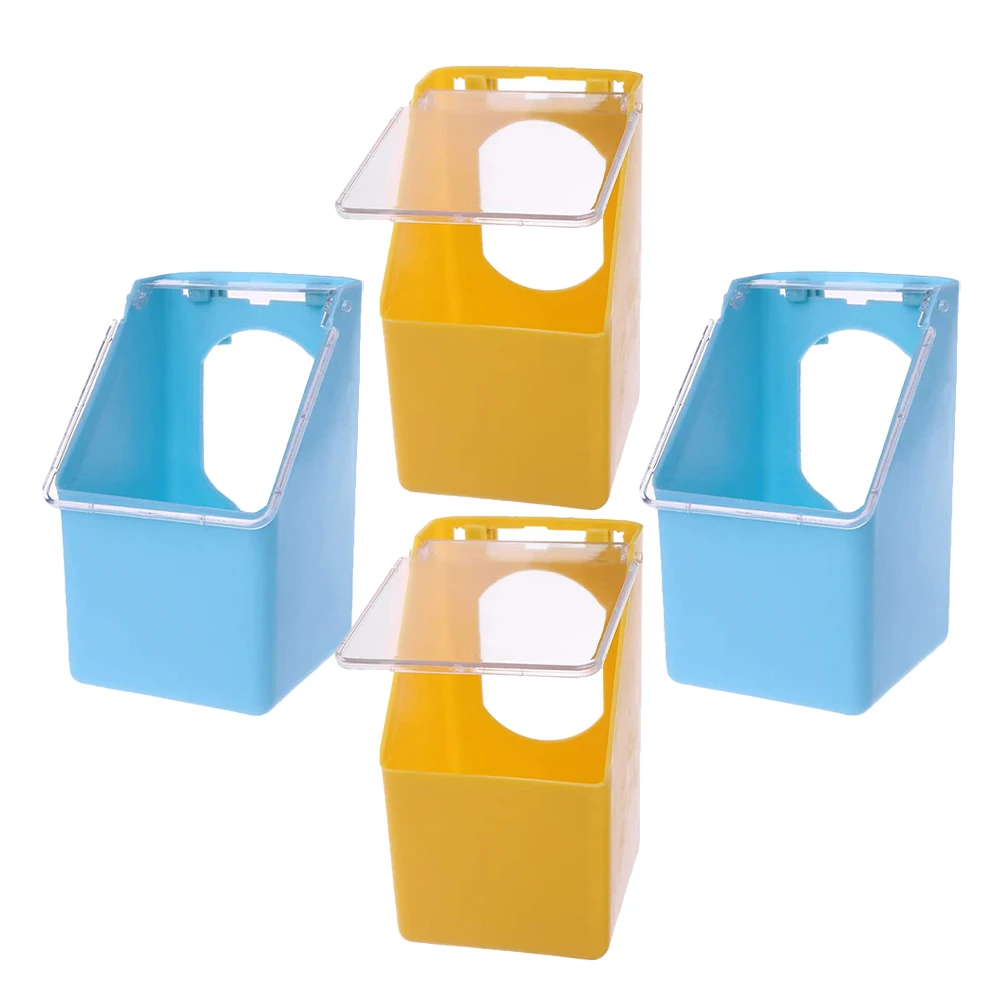 

4 Pcs Blue Yellow Hanging Box Food Tank Water Bowl Bird Feeder Cover Pp Cage Supplies Quail Pigeon Finches Cockatiels Less Waste