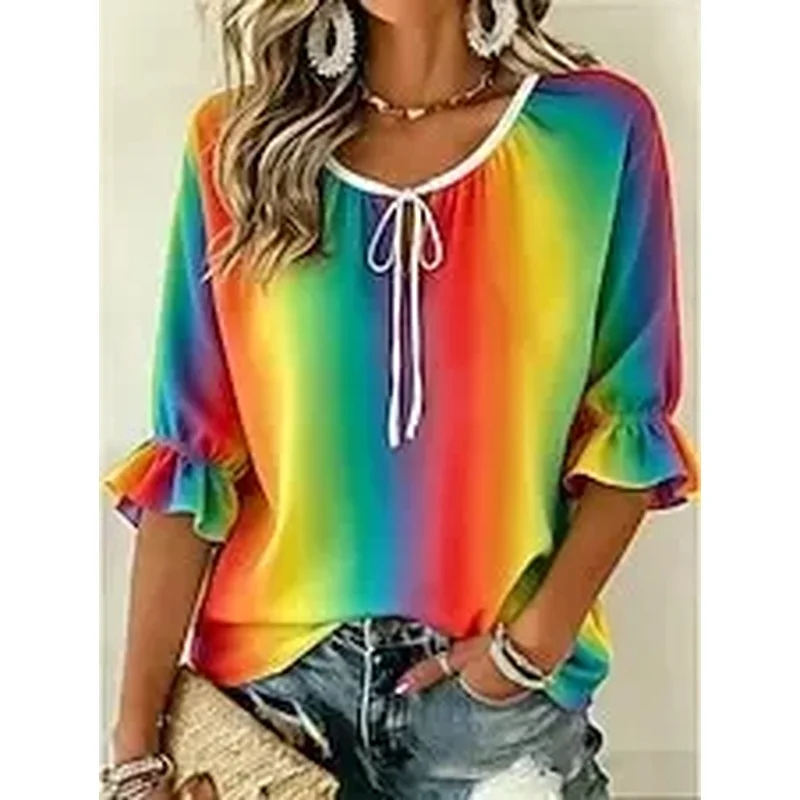 Women's Blouse Print Graphic Geometric Abstract Vintage Daily Stylish Half Sleeve Tie Neck Regular Tops Casual Daily Blue Yellow