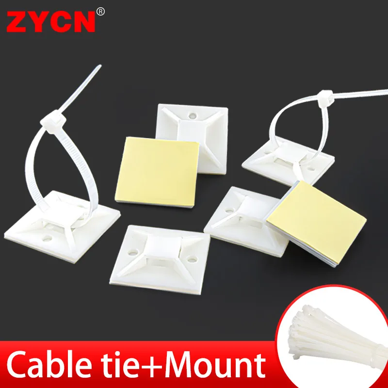 200Pcs Cable Zip Ties Self-Adhesive Mount Wire Removable Wall 20*20 25x25 Base Clip Strong Glue Base Flat Holder Fixed Seat Car