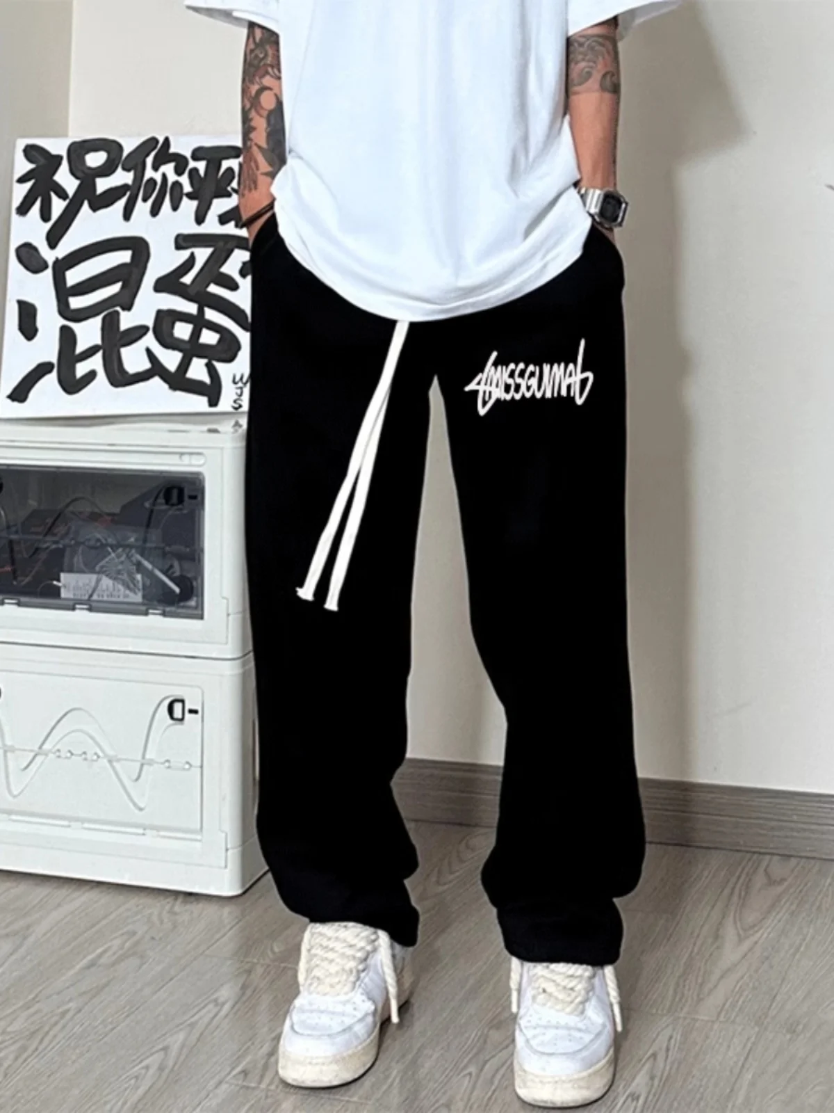 الأمريكية Sle مستقيم الساق السراويل الرياضية عارضة الرجال ربيع الخريف فضفاض الترفيه Dstring واسعة الساق السراويل الطويلة