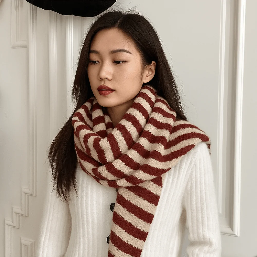 

Soft Korean Style Striped Scarf Plush Thickened Winter Shawl Windproof Neck Warmer Knitted Triangle Scarf Girls