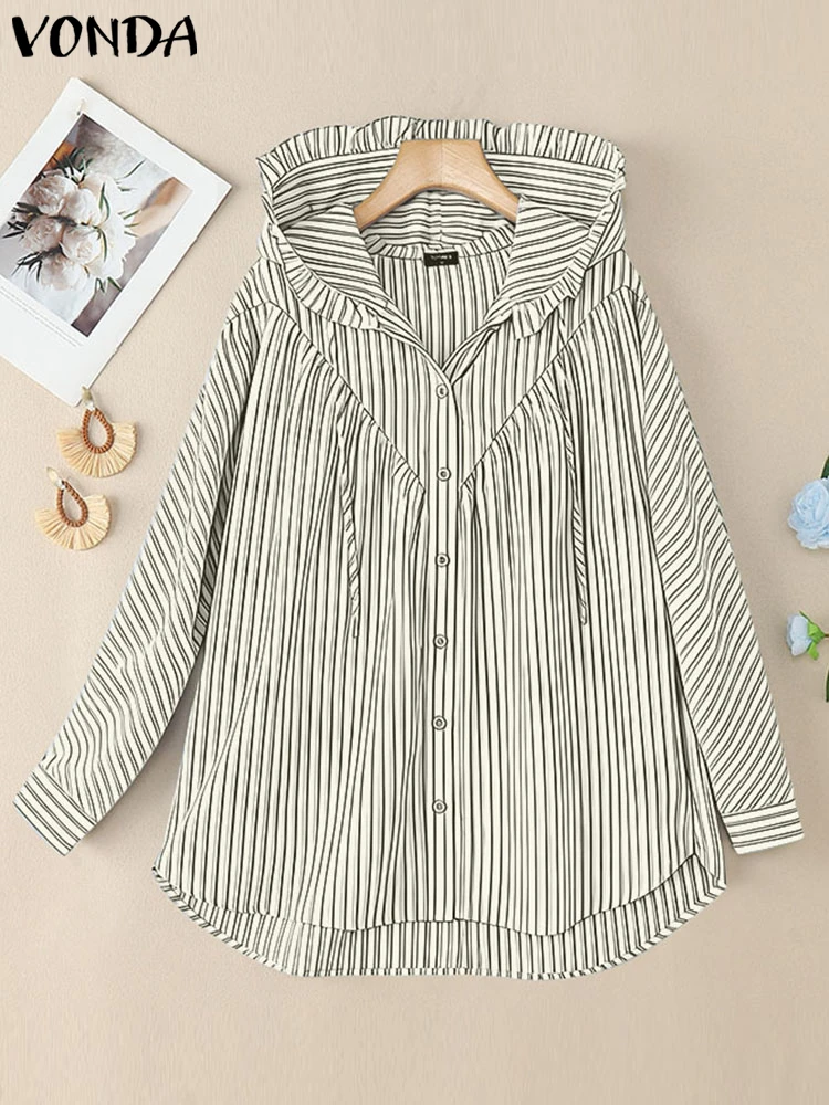 

VONDA Женские рубашки больших размеров 2025 Модная осенняя полосатая блузка с длинным рукавом Топы с капюшоном Повседневные пуговицы Свободные элегантные блузки 5XL