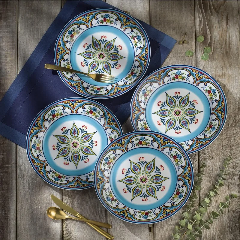 Zanzibar Collection 16 Piece Dinnerware Set Kitchen and Dining, Service for 4, Spanish Floral Design, Multicolor,Blue and Yellow