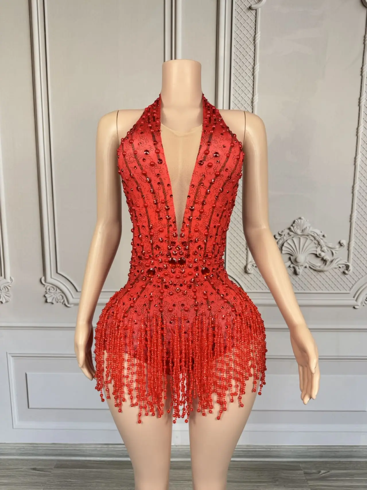 

Nightclub Pink Tassel Beads Leotard StageWear DJ Gogo Pole Dance Costume PerformanceBackless Crystal Fringe Bodysuit C441